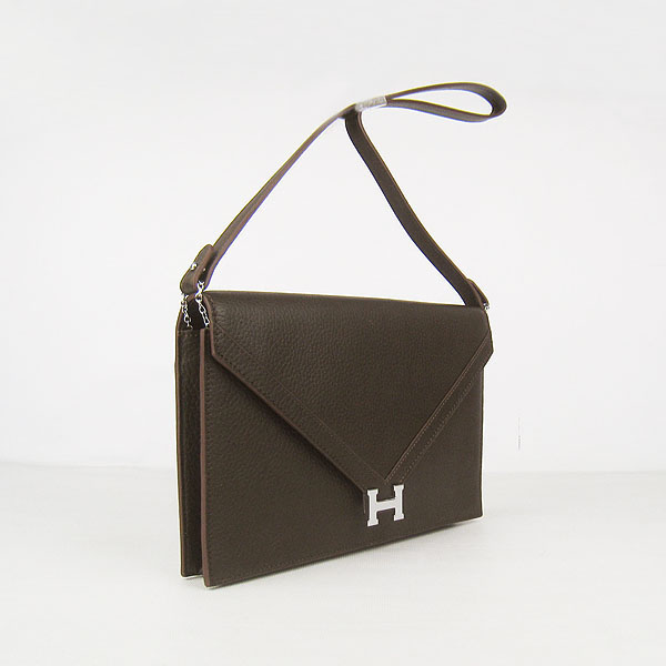 7A Hermes Togo Leather Messenger Bag Dark Coffee With Silver Hardware H021 Replica - Click Image to Close
